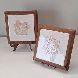 Vintage Floral Tile Trivet Set or 90's Wood Framed Kitchen Art